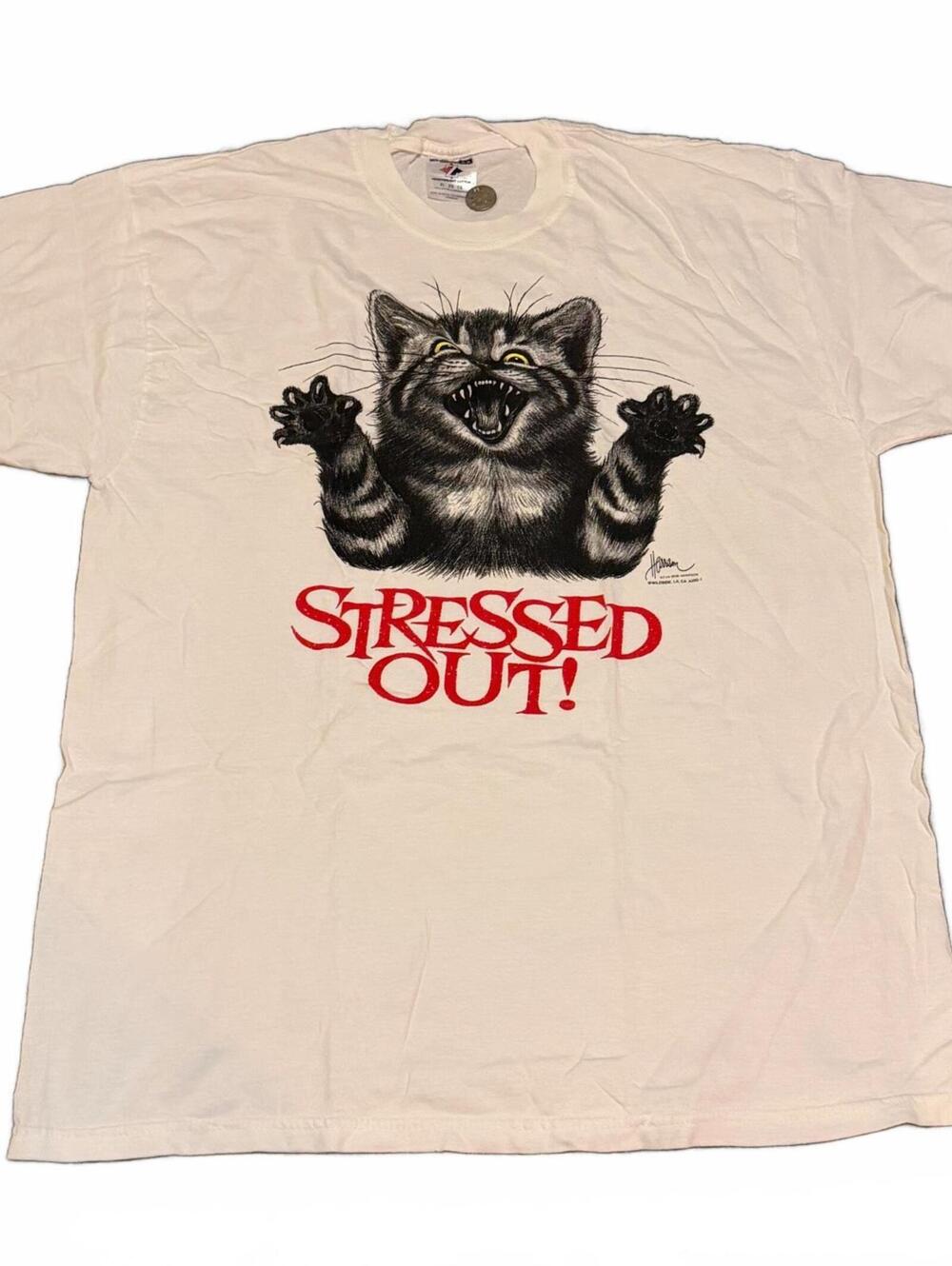 Vintage XL White Stressed Out Cat Funny Animal Graphic T-Shirt 90s Jerzees - Picture 2 of 7